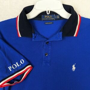 Polo Ralph Lauren Polo Shirt Mens Medium Blue Striped Collar White Pony Logo